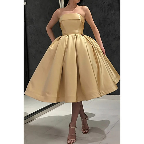 

Ball Gown Minimalist Party Wear Prom Dress Strapless Sleeveless Tea Length Satin with Pleats 2021