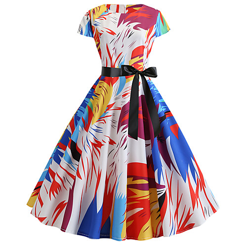 

Women's Swing Dress - Short Sleeves Print Patchwork Print Active Cute Party Daily Rainbow S M L XL XXL / Cotton