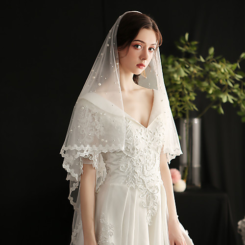 

One-tier Lace Applique Edge / European Style Wedding Veil Fingertip Veils with Faux Pearl Tulle / Drop Veil