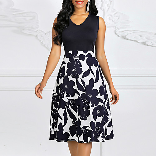 

Women's Plus Size A Line Dress - Sleeveless Floral Print Spring Summer Vintage Going out Navy Blue S M L XL XXL XXXL XXXXL XXXXXL / Cotton