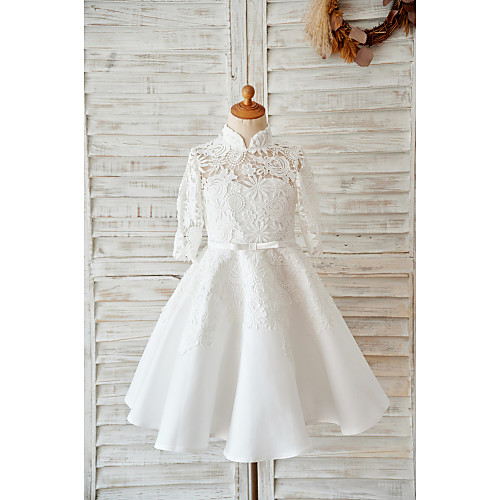 

Ball Gown Knee Length Wedding / Birthday Flower Girl Dresses - Lace / Tulle Long Sleeve High Neck with Bows / Sash / Ribbon