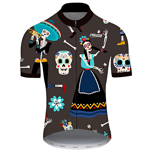 

21Grams Men's Short Sleeve Cycling Jersey Spandex Grey Novelty Skull Floral Botanical Bike Jersey Top Mountain Bike MTB Road Bike Cycling UV Resistant Quick Dry Breathable Sports Clothing Apparel