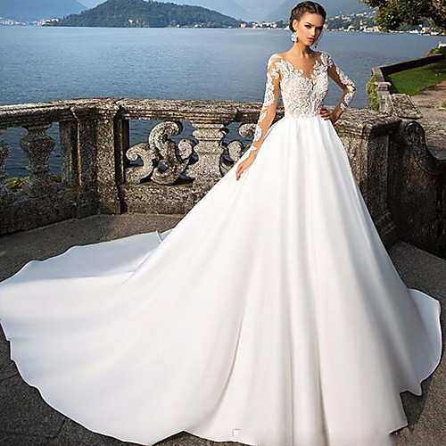 

A-Line Wedding Dresses Jewel Neck Court Train Satin Long Sleeve Sexy Wedding Dress in Color with Appliques 2021