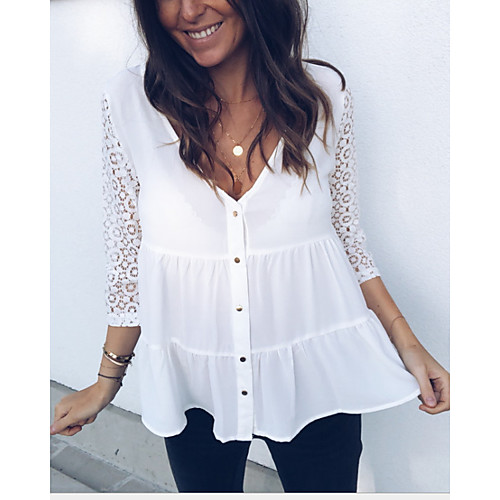 

Women's Solid Colored Lace Shirt Daily V Neck White / Black