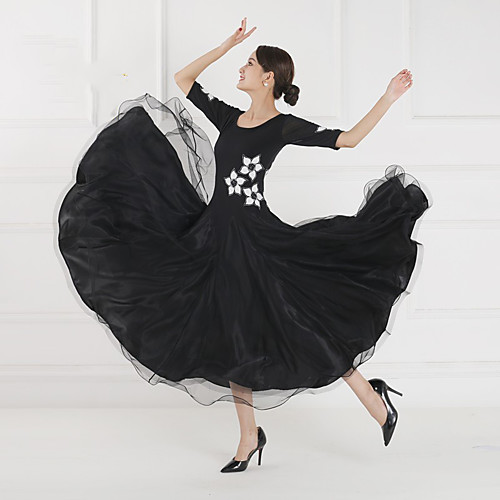 

Ballroom Dance Dress Embroidery Split Joint Women's Training Performance Short Sleeve Mesh Lycra