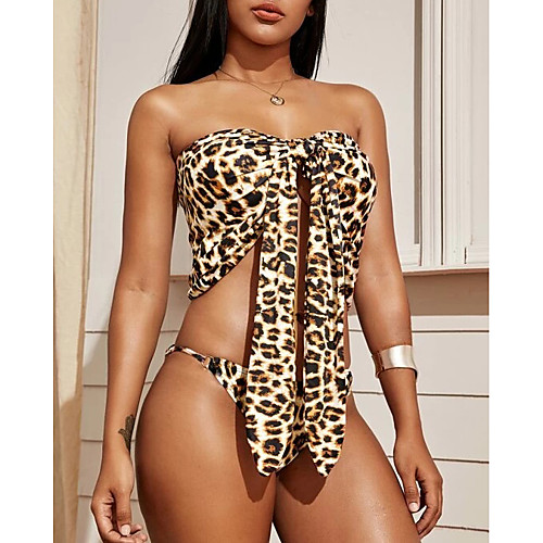 

Women's Basic Boho Light Brown Bandeau Cheeky Bikini Tankini Swimwear Swimsuit - Leopard Lace up Print S M L Light Brown