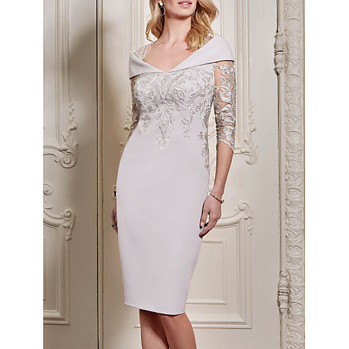 

Sheath / Column Mother of the Bride Dress Elegant Plus Size See Through Queen Anne Knee Length Polyester Half Sleeve with Sequin 2020