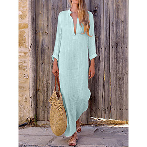 

Women's Maxi A Line Dress - Long Sleeve Solid Color Summer V Neck Casual Boho 2020 Red Yellow Blushing Pink Light Blue S M L XL