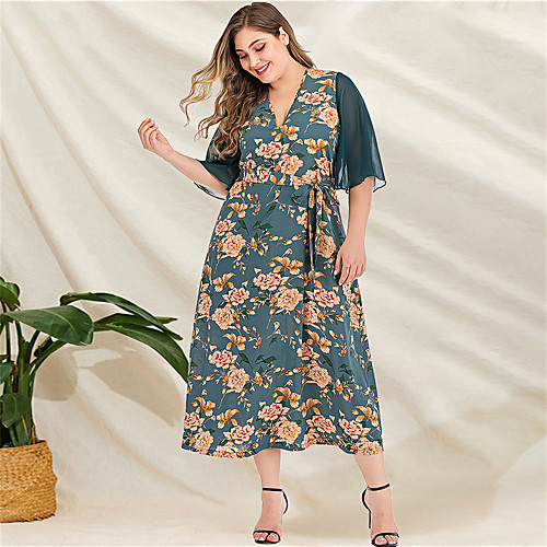 

Women's Plus Size Maxi A Line Dress - Long Sleeve Floral Patchwork Print V Neck Casual Mumu Daily Beach Loose Green L XL XXL XXXL XXXXL