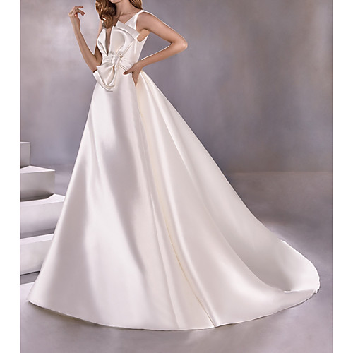 

A-Line Wedding Dresses Plunging Neck Sweep / Brush Train Satin Sleeveless Vintage Plus Size with Bow(s) 2021