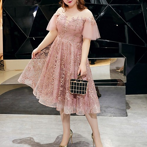 

A-Line Plus Size Pink Party Wear Cocktail Party Dress Jewel Neck Short Sleeve Tea Length Tulle with Embroidery 2020