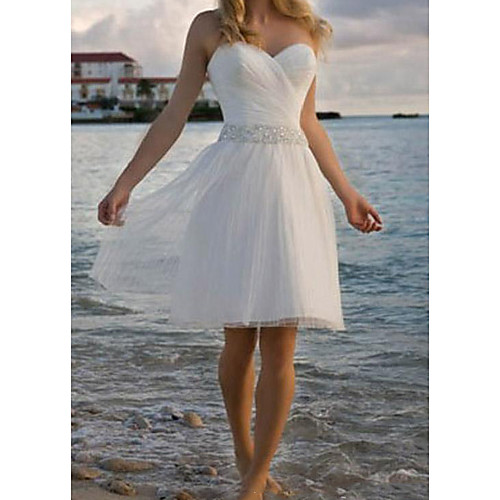 

A-Line Wedding Dresses Strapless Knee Length Chiffon Taffeta Stretch Satin Sleeveless Vintage Plus Size with Crystals 2021