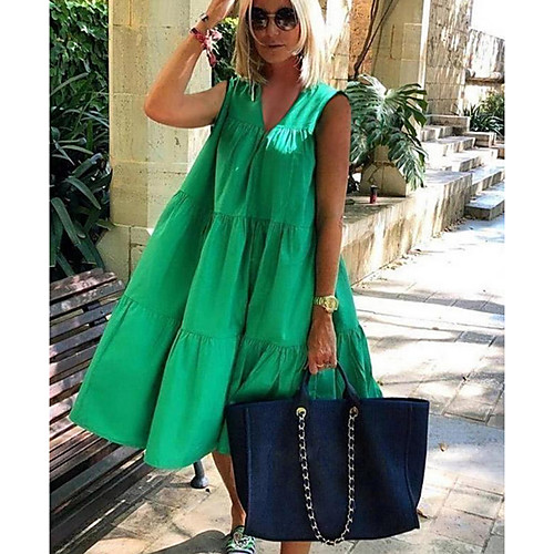 

Women's A-Line Dress Knee Length Dress - Sleeveless Solid Color Summer Casual Mumu 2020 Green S M L XL XXL
