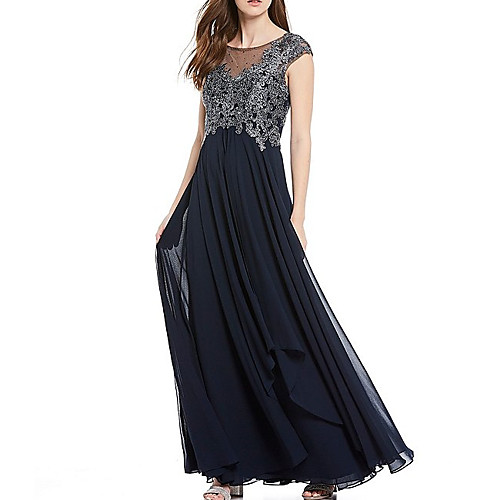 

A-Line Mother of the Bride Dress Elegant Illusion Neck Floor Length Chiffon Lace Sleeveless with Lace Pleats Appliques 2021