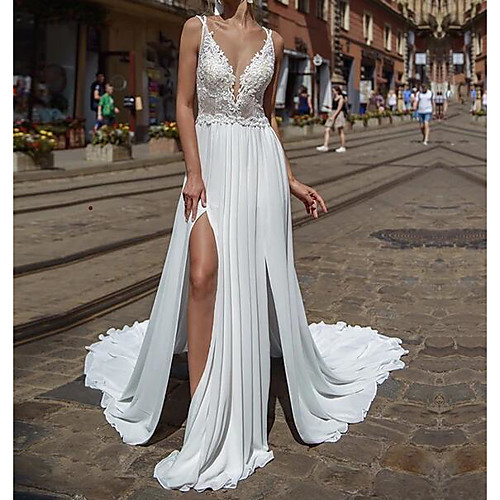 

A-Line Wedding Dresses V Neck Court Train Chiffon Lace Sleeveless Beach Sexy See-Through with Embroidery Split Front 2020