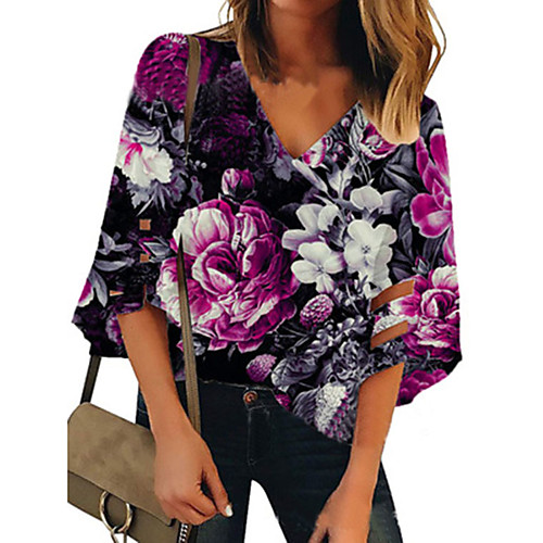 

Women's Tops Floral T-shirt - Print V Neck Daily Purple S M L XL 2XL 3XL