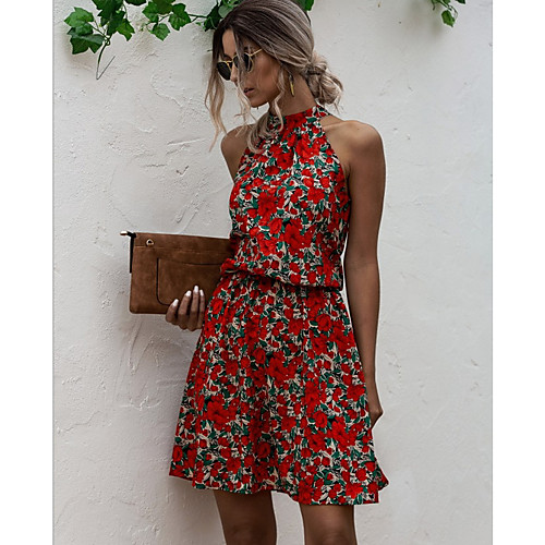 

Women's A Line Dress - Sleeveless Floral Summer Street chic 2020 Red Yellow Navy Blue S M L XL