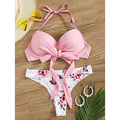 

Women's Basic Strap Triangle Cheeky High Waist Bikini Swimwear Swimsuit - Floral Solid Colored Print S M L Wine White Black Blushing Pink Green