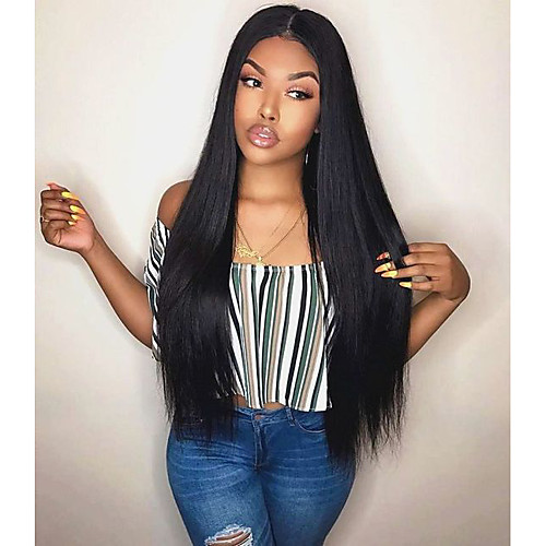 

Remy Human Hair Lace Front Wig Free Part style Indian Hair Yaki Straight Black Wig 130% Density with Baby Hair Odor Free Lace Best Quality with Clip Women's Long Human Hair Lace Wig Premierwigs