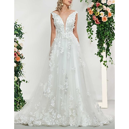 

A-Line Wedding Dresses V Neck Sweep / Brush Train Lace Tulle Sleeveless Sexy Backless with Embroidery Appliques 2021