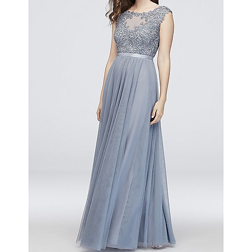 

A-Line Elegant Blue Engagement Formal Evening Dress Illusion Neck Sleeveless Floor Length Tulle with Pleats Appliques 2020
