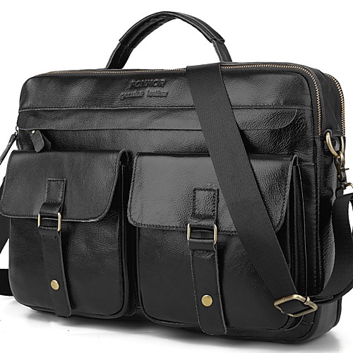 

Men's Zipper Cowhide Briefcase Solid Color Black Grey / Dark Brown