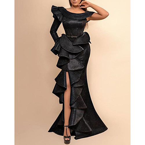 

Mermaid / Trumpet Sexy Black Engagement Prom Dress Jewel Neck Long Sleeve Floor Length Spandex with Split Tier 2020