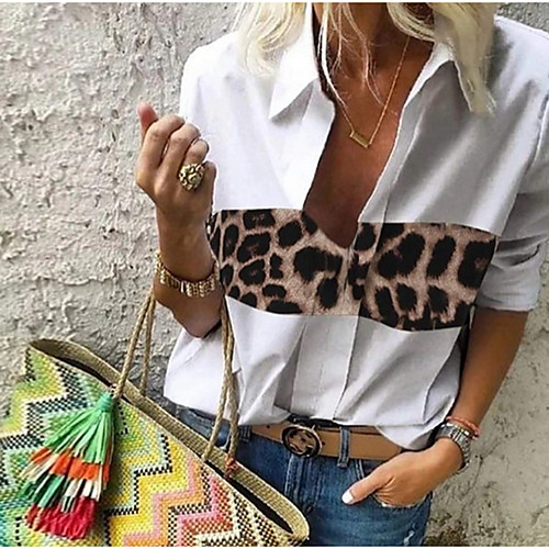 

Women's Blouse Shirt Color Block Leopard Cheetah Print Long Sleeve Patchwork Print Shirt Collar Tops Basic Top White Black