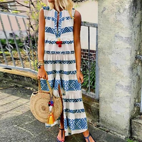 

Women's Shift Dress Maxi long Dress - Sleeveless Print Summer Elegant 2020 Blue Red Green S M L XL XXL