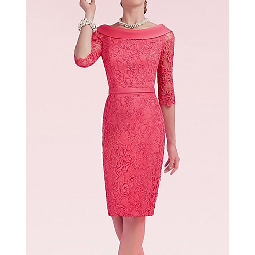 

Sheath / Column Mother of the Bride Dress Elegant Jewel Neck Knee Length Lace Satin 3/4 Length Sleeve with Sash / Ribbon Embroidery Split Front 2020