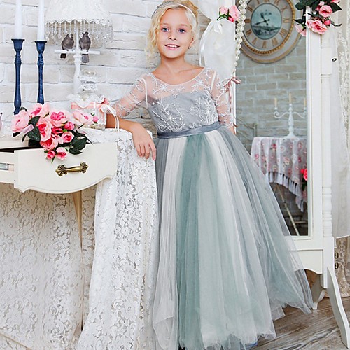 

Princess / A-Line Floor Length Wedding / Party Flower Girl Dresses - Lace / Tulle Half Sleeve Jewel Neck with Bows / Paillette