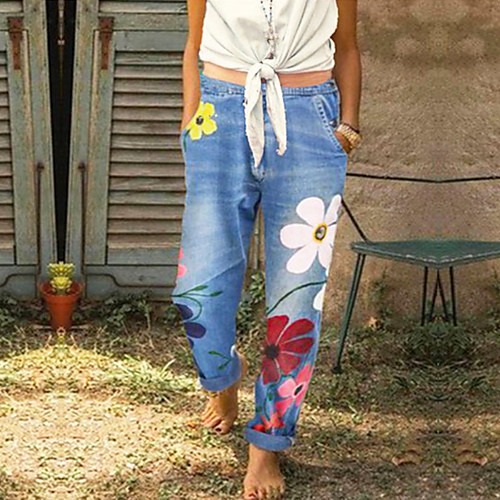 

Women's Street chic Weekend Loose Chinos Pants - Flower Outdoor Cotton Black Gray Light Blue S / M / L
