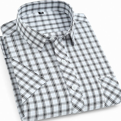 

Men's Plaid Print Shirt - Cotton Daily Button Down Collar White / Short Sleeve