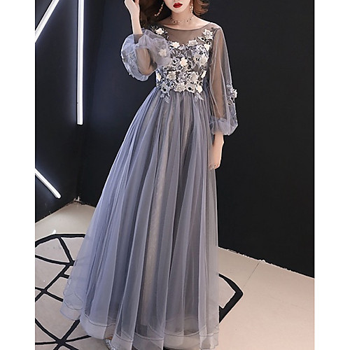 

A-Line Luxurious Floral Wedding Guest Formal Evening Valentine's Day Dress Illusion Neck Long Sleeve Floor Length Tulle with Appliques 2021