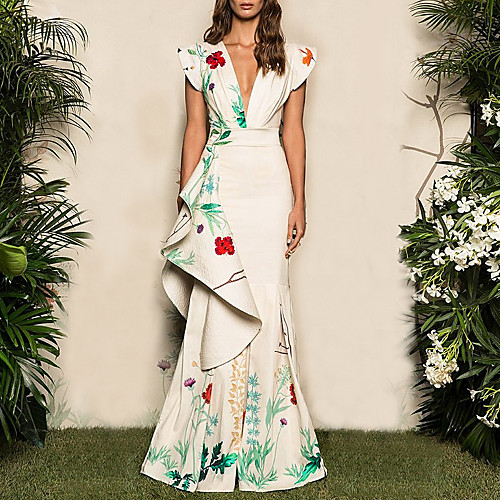 

Mermaid / Trumpet Elegant Boho Wedding Guest Prom Dress V Neck Sleeveless Floor Length Jersey with Pattern / Print 2020