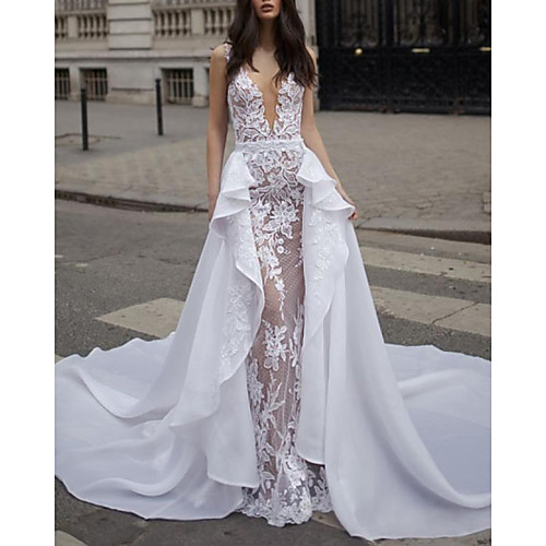 

A-Line Wedding Dresses Plunging Neck Sweep / Brush Train Detachable Lace Tulle Chiffon Over Satin Sleeveless Romantic Sexy See-Through with Appliques 2020