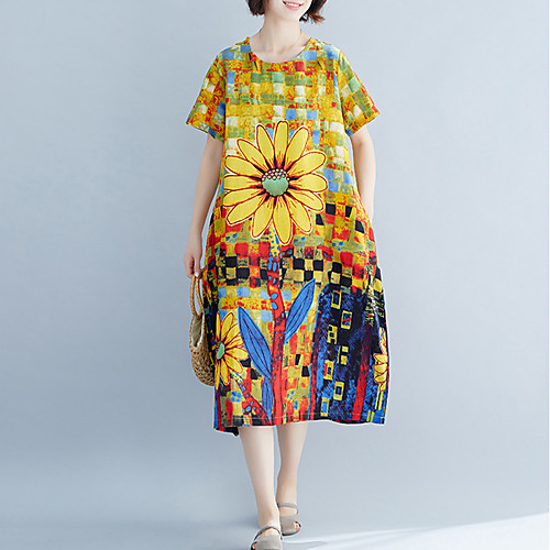 

Women's A Line Dress - Short Sleeves Print Patchwork Spring Summer Vintage Mumu Daily Weekend Loose Linen Yellow One-Size