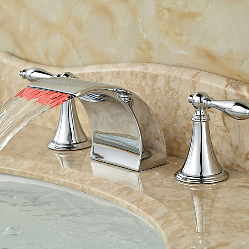 

Bathroom Sink Faucet - LED / Widespread / Waterfall Chrome Deck Mounted Two Handles Three HolesBath Taps