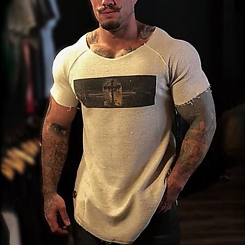 

Men's Geometric Print Slim T-shirt Daily Round Neck Khaki / Long Sleeve
