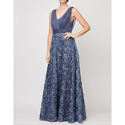 

A-Line Mother of the Bride Dress Elegant V Neck Floor Length Chiffon Satin Sleeveless with Appliques Ruching 2020