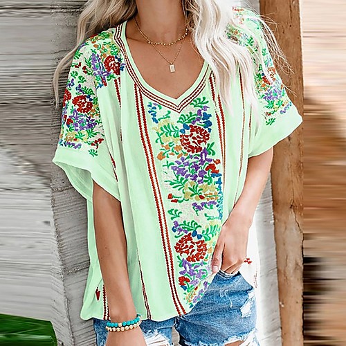 

Women's Floral T-shirt Daily V Neck Green