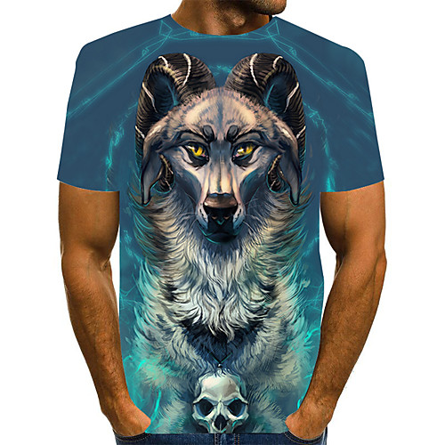 

Men's Plus Size 3D Animal Wolf Pleated Print T-shirt Street chic Exaggerated Daily Going out Round Neck Rainbow / Short Sleeve / Skull