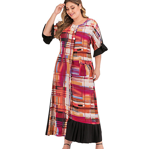 

Women's Sheath Dress Maxi long Dress - Short Sleeves Plaid Summer Elegant 2020 Red L XL XXL XXXL
