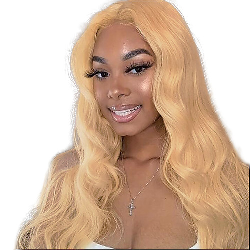 

Remy Human Hair Lace Front Wig Free Part style Indian Hair Body Wave Blonde Wig 150% Density with Baby Hair Color Gradient Natural Hairline with Clip Women's Long Human Hair Lace Wig Premierwigs