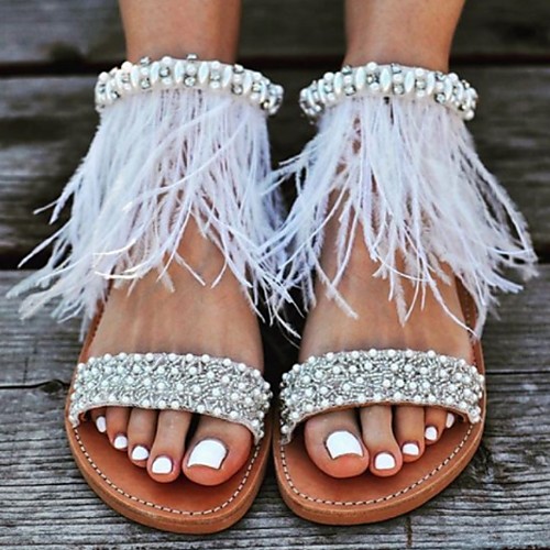

Women's Sandals / Flats Flat Sandal Summer Flat Heel Open Toe Beach Boho Daily Feather PU Brown