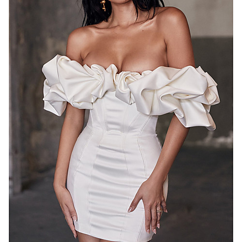 

Sheath / Column Beautiful Back White Homecoming Cocktail Party Dress Off Shoulder Short Sleeve Short / Mini Charmeuse with Sleek 2020