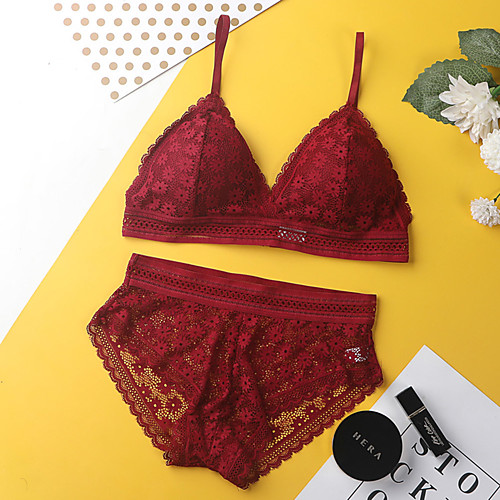 

Women's Push-up Padded Bras 3/4 Cup Bra Solid Color Hollow Lace Wine Yellow Blushing Pink