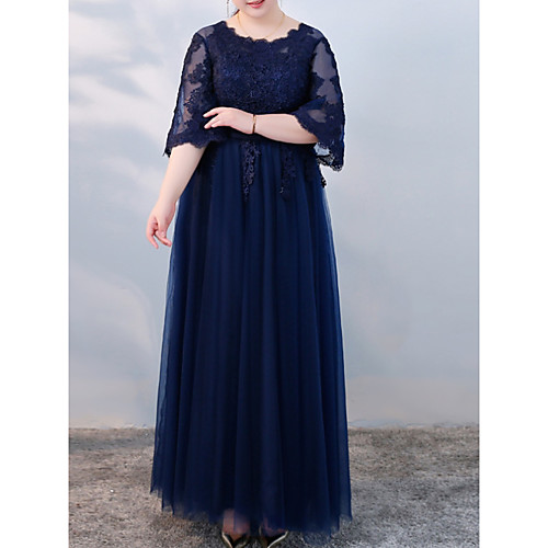 

A-Line Cut Out Plus Size Prom Formal Evening Dress Scalloped Neckline 3/4 Length Sleeve Floor Length Tulle with Appliques 2020