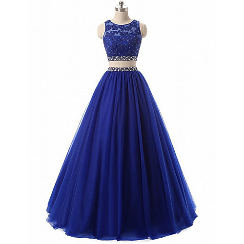 

Two Piece Sparkle Blue Engagement Prom Dress Jewel Neck Sleeveless Floor Length Chiffon with Pleats Crystals 2020