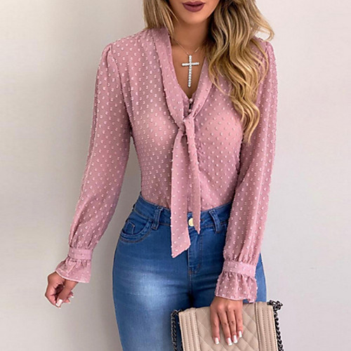 

Women's Plus Size Blouse Shirt Polka Dot Solid Colored Sexy Long Sleeve Rivet V Neck Tops Basic Basic Top White Black Blushing Pink